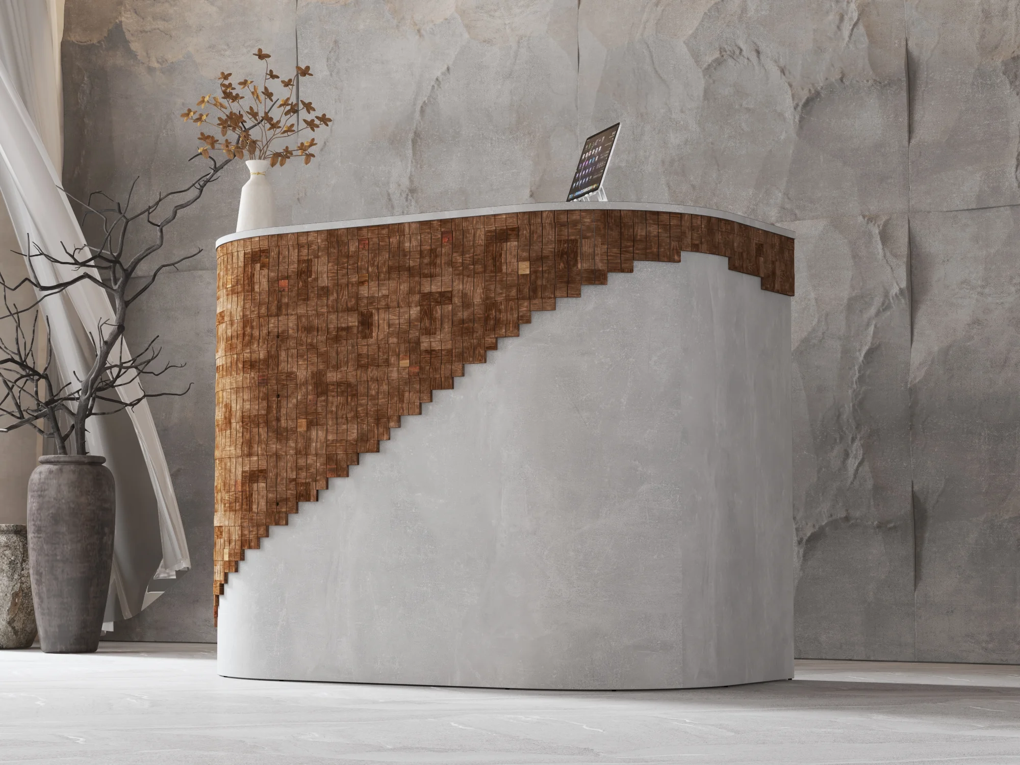 Recepcja z drewnianymi dekorami